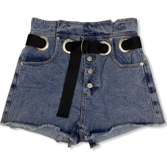 My-Kim Belted Button Fly High Waist Frayed Hem Denim Paper Bag Shorts - Picture 1 of 10